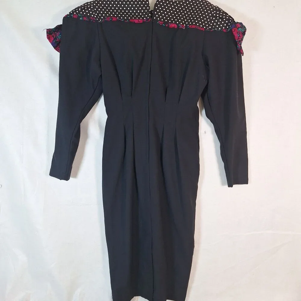 Vintage 80s shoulder pad polka dot floral black dress size 4 - Picture 2 of 6
